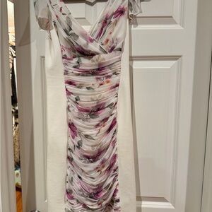 White House Black Market White Midi Dress with Pink Floral Ruched Front